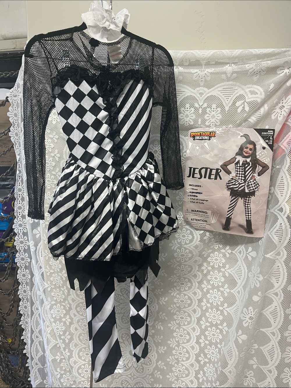 Spooktacular Black & White Jester Costume - Classic Harlequin Look NIB L 10-12 y